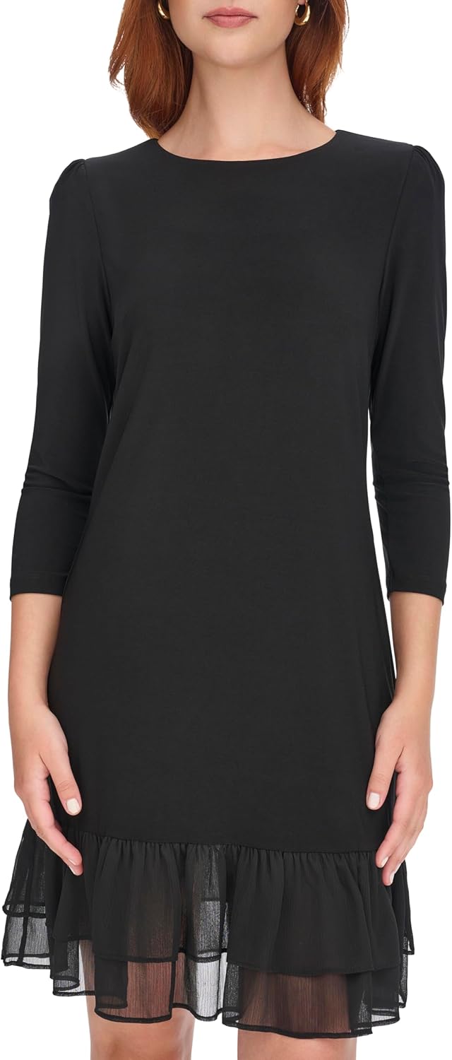Женское платье Tommy Hilfiger из джерси и шифона с рукавами 3/4 и оборками по подолу, Black — фото 2