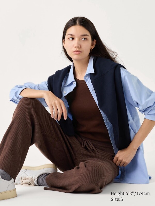 

Моющиеся трикотажные брюки в рубчик длинные Uniqlo, коричневый