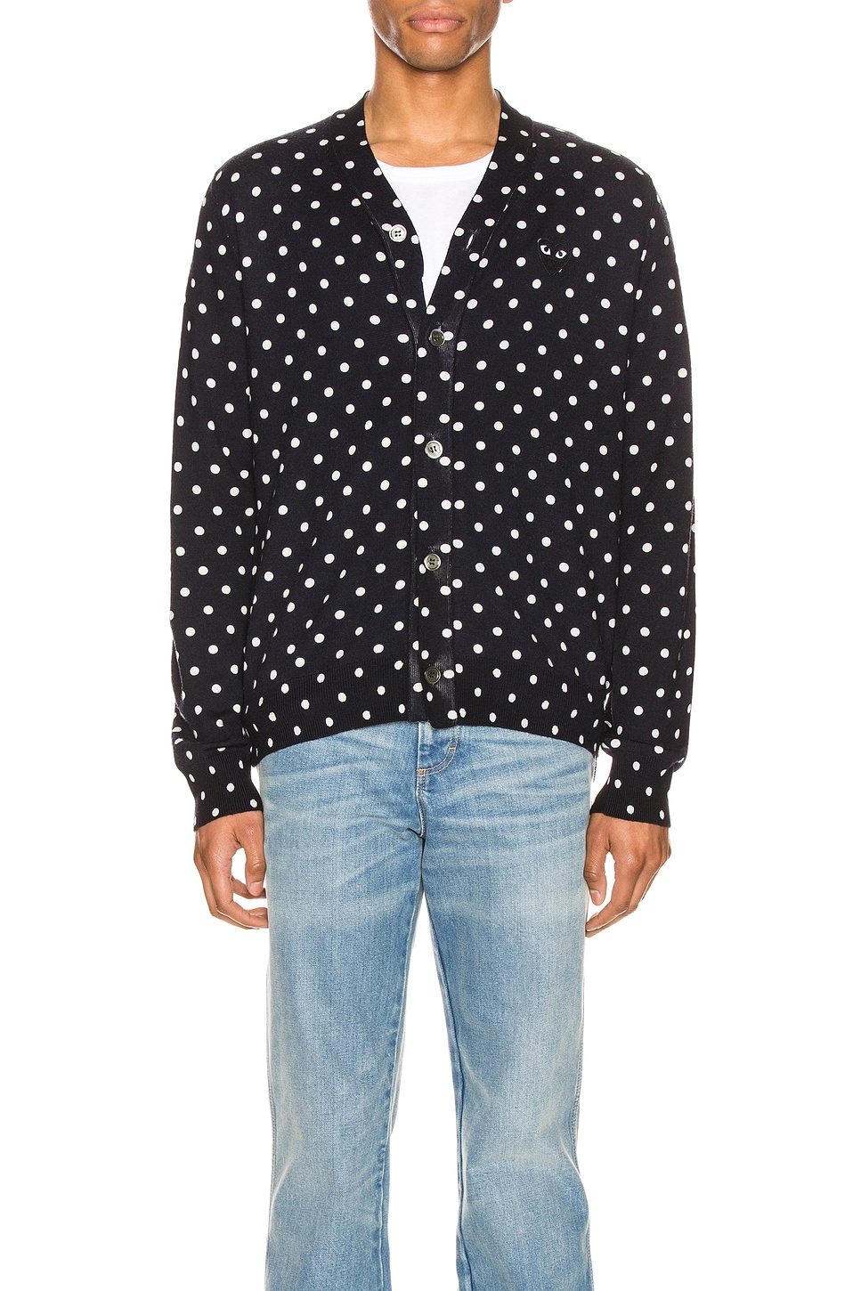 Кардиган из шерсти с принтом в горох и черной эмблемой Comme Des Garcons Play, Navy & Natural — фото 2