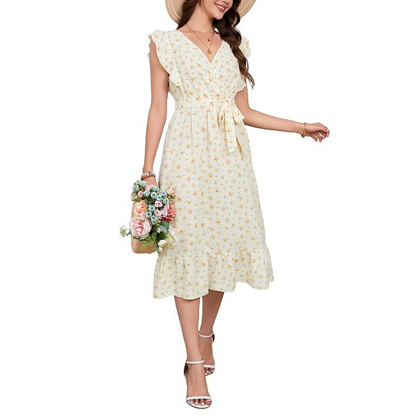 

Женское платье миди с цветочным принтом, V-образным вырезом, летящими рукавами, рюшами и поясом Hallih Burton, Yellow
