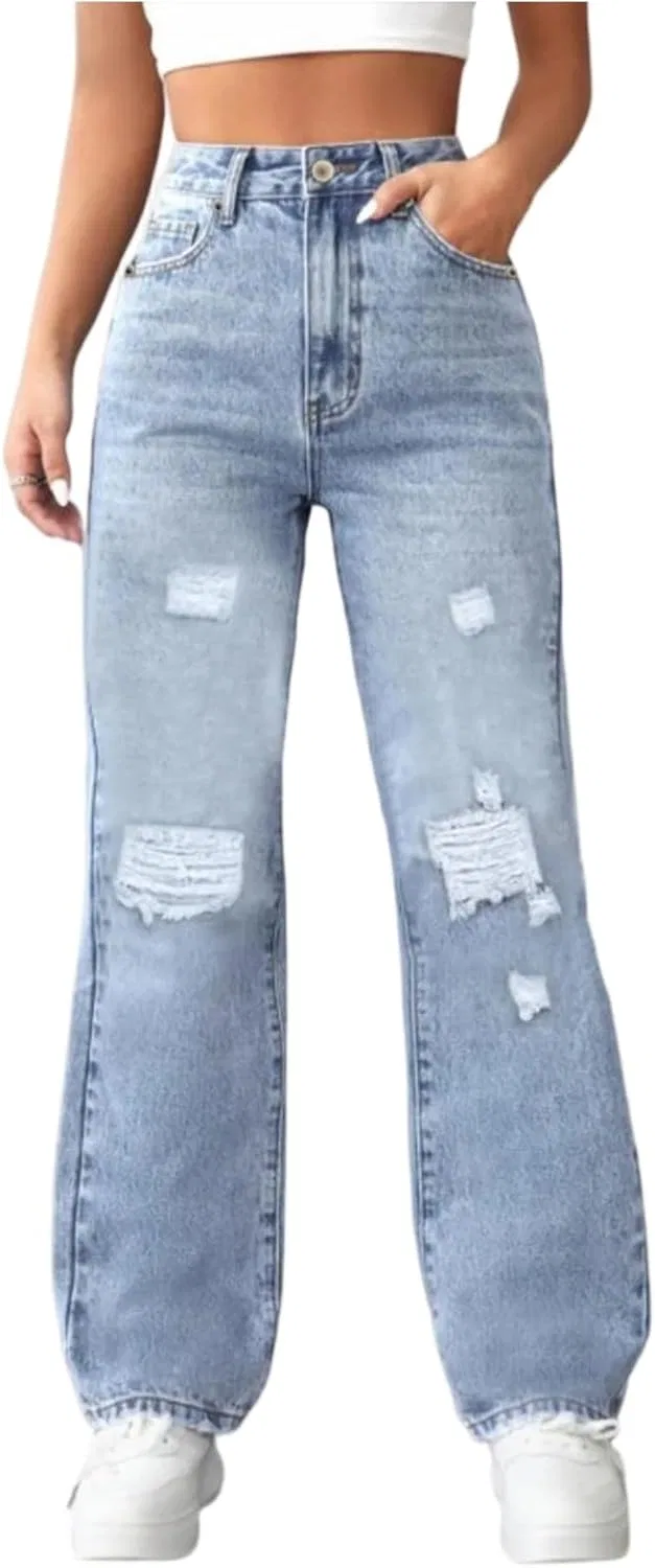 Джинсы прямые с разрывами, Women's, синие