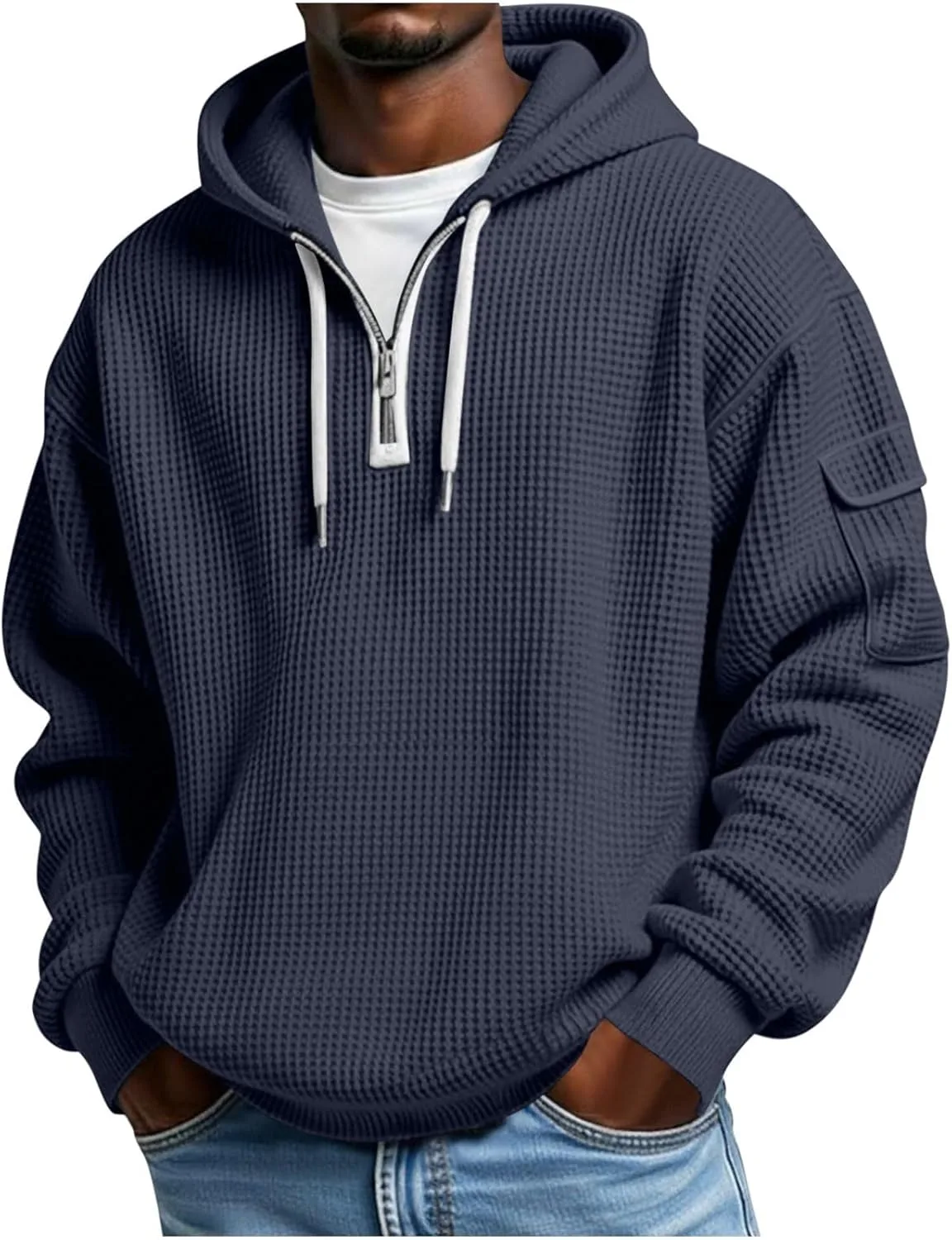 

Мужской худи с капюшоном и вафельным клетчатым узором, длинный рукав, свободный крой, 1/4 молния