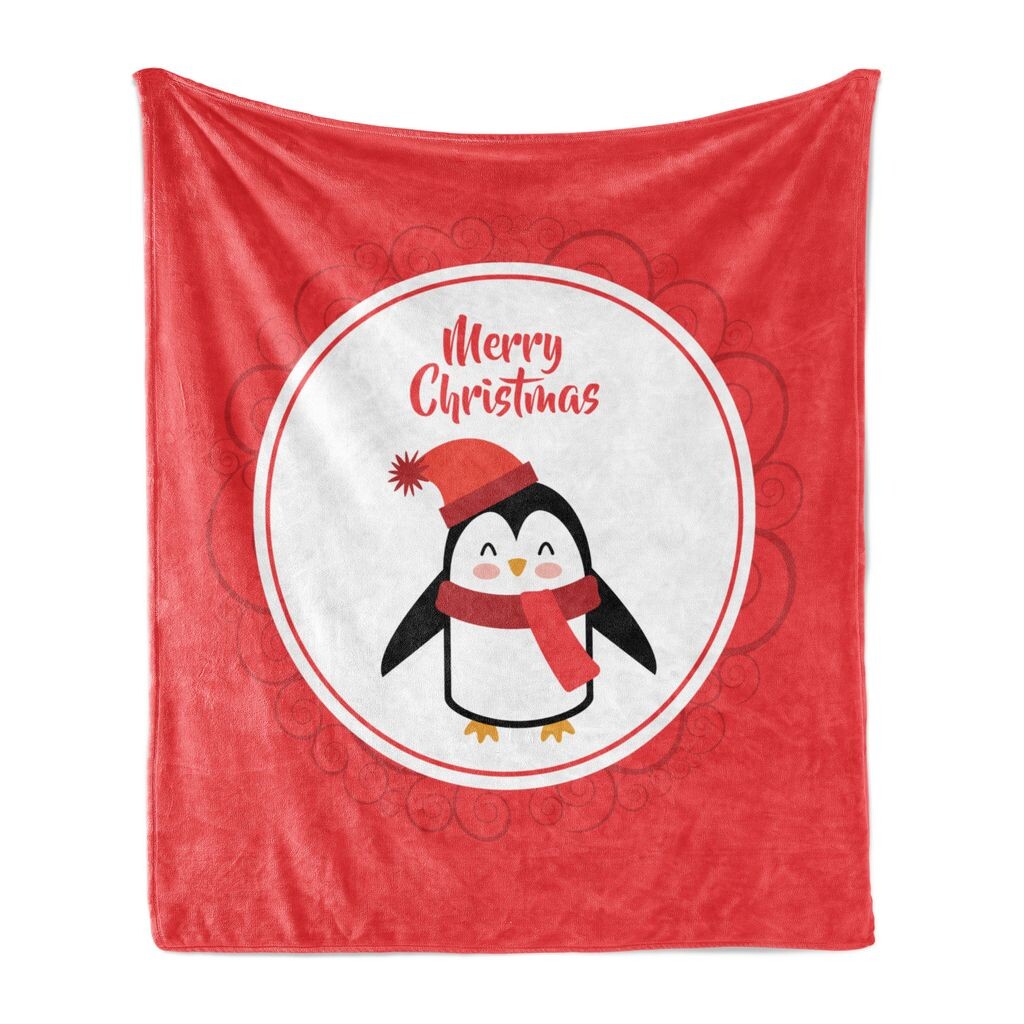 

Рождественское мягкое фланелевое флисовое одеяло ABAKUHAUS, круг Happy Merry Penguin, уютный плюш для использования в помещении и на улице, 125 x 175 см, темно-коралловый и белый