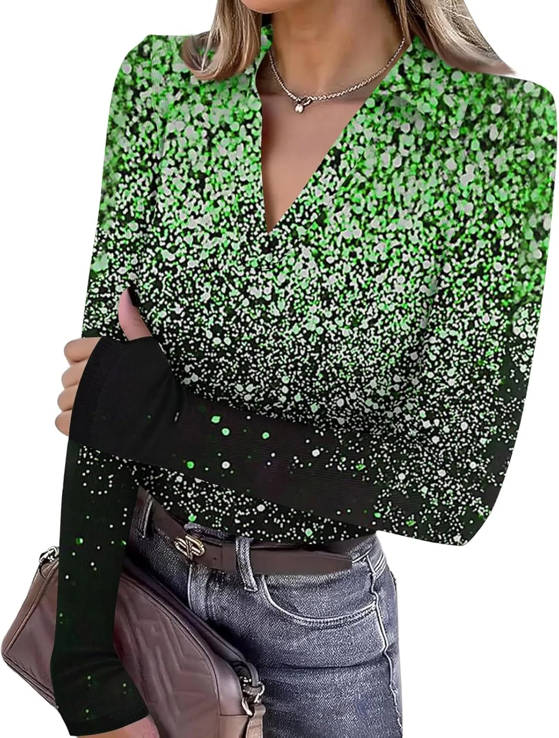 Женская футболка с V-образным вырезом, длинным рукавом, Generic, 3-green