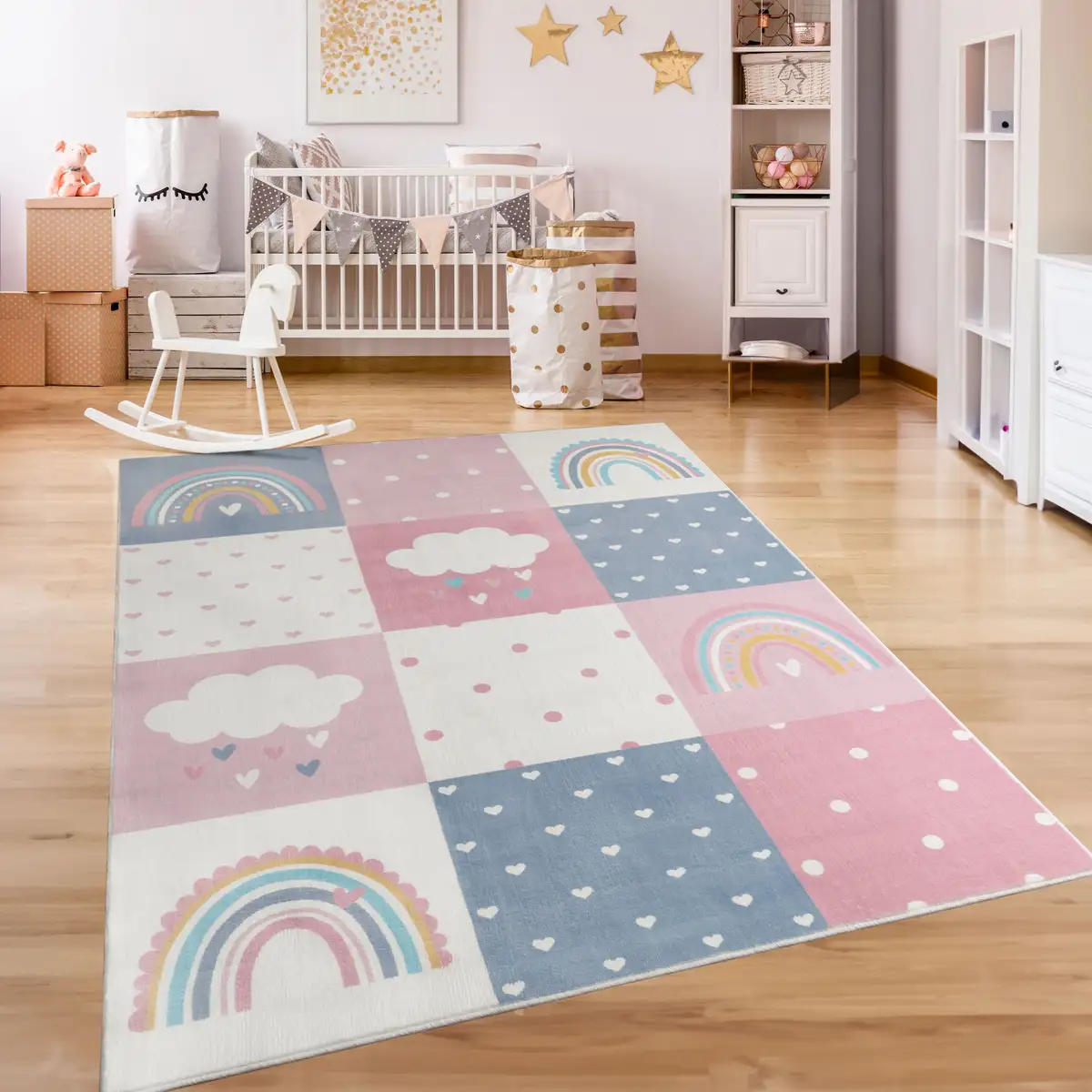 

Детский ковер Paco Home "Eliz 396", прямоугольный, игровой коврик, узор пэчворк, радуга, облако, мотив сердца 120х160 см, розовый