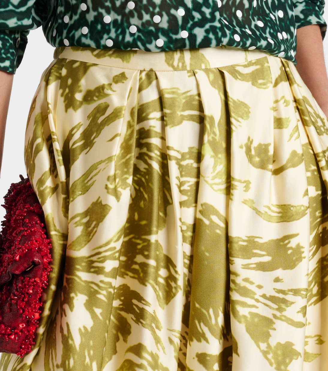 Печатная сатиновая миди-юбка Dries Van Noten, хаки — фото 4