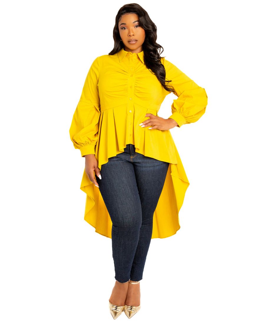 

Блузка больших размеров с асимметричным подолом и баской Buxom Couture, Mustard