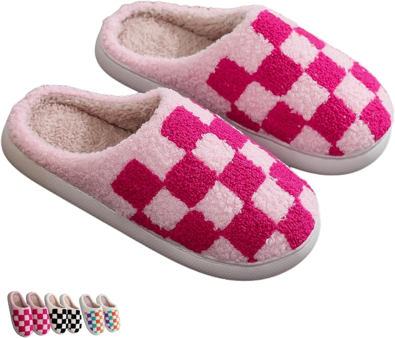 

Клетчатые домашние тапочки для женщин и мужчин, мягкие флисовые зимние теплые плюшевые тапочки на скользкой подошве, удобные и уютные для пары, для использования дома и в спальне Iwhgrmp, розовый