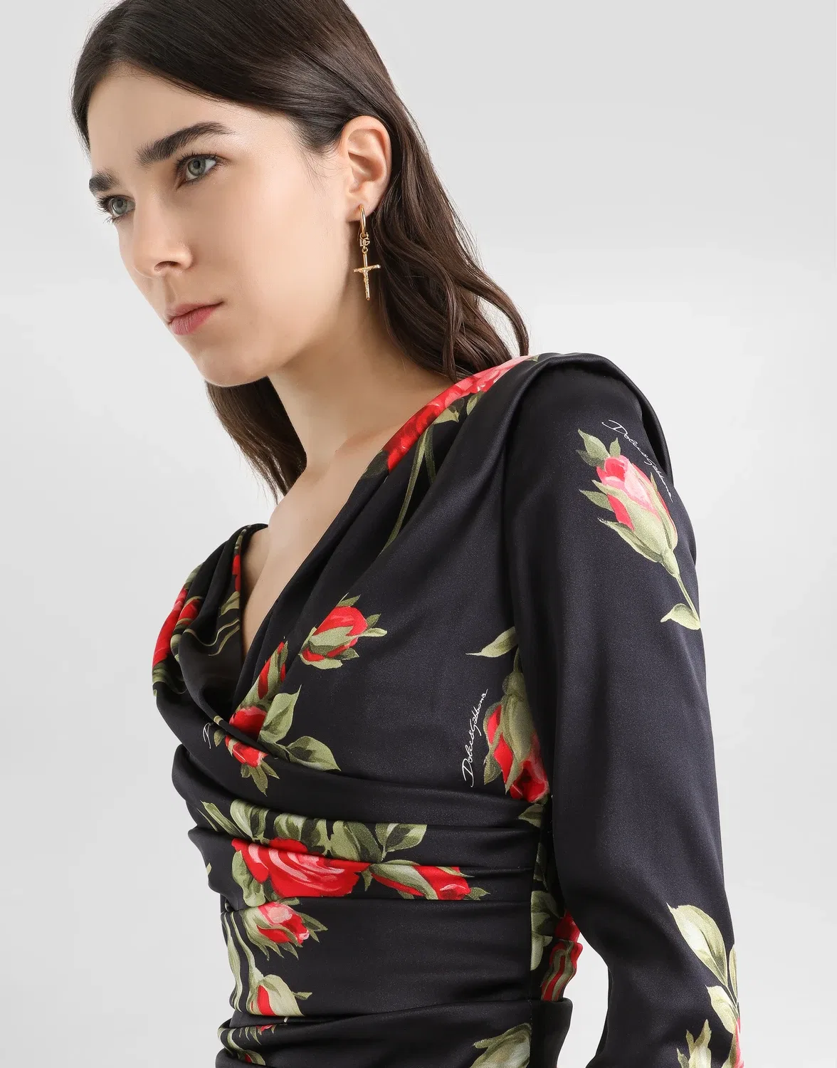 Атласное платье с драпировкой и принтом в виде букета роз DOLCE & GABBANA, белый — фото 4