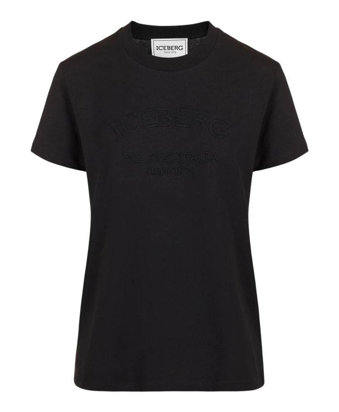 

Черная хлопковая трикотажная футболка прямого кроя с вышивкой в тон. Iceberg, черный