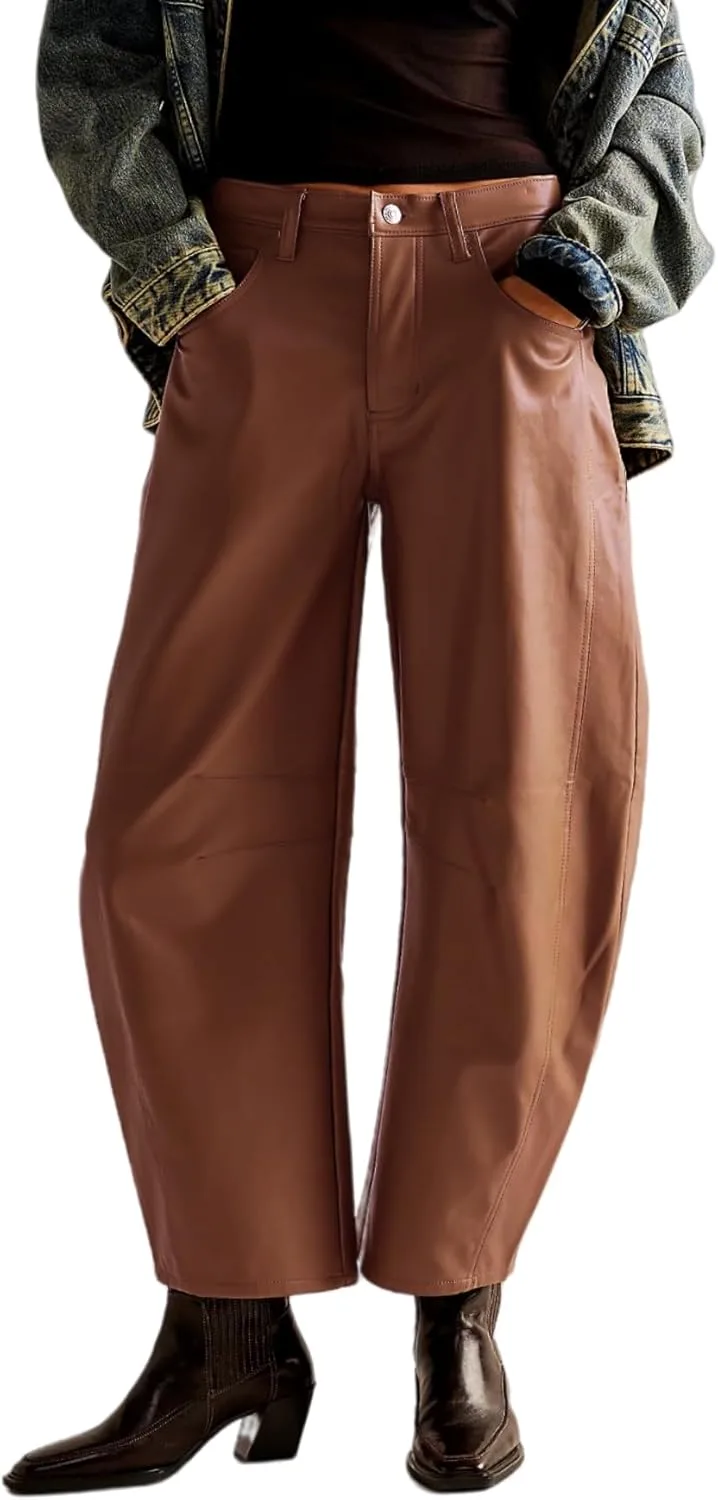 

Женские брюки из искусственной кожи Low Rise Baggy Barrel с карманами LifeShe