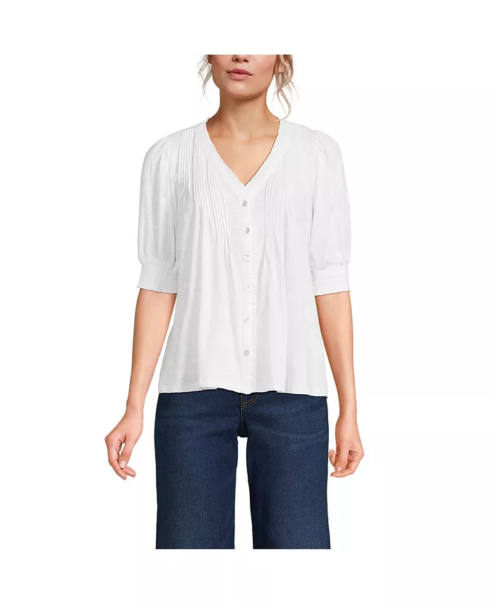 

Женская блузка с пуговицами, защипами и рукавами-фонариками Lands' End, белый