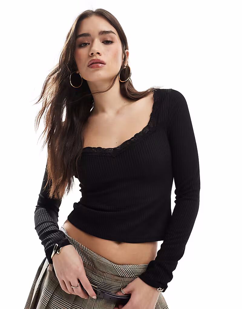 

Топ Miss Selfridge с длинными рукавами и отделкой из кружева в рубчик