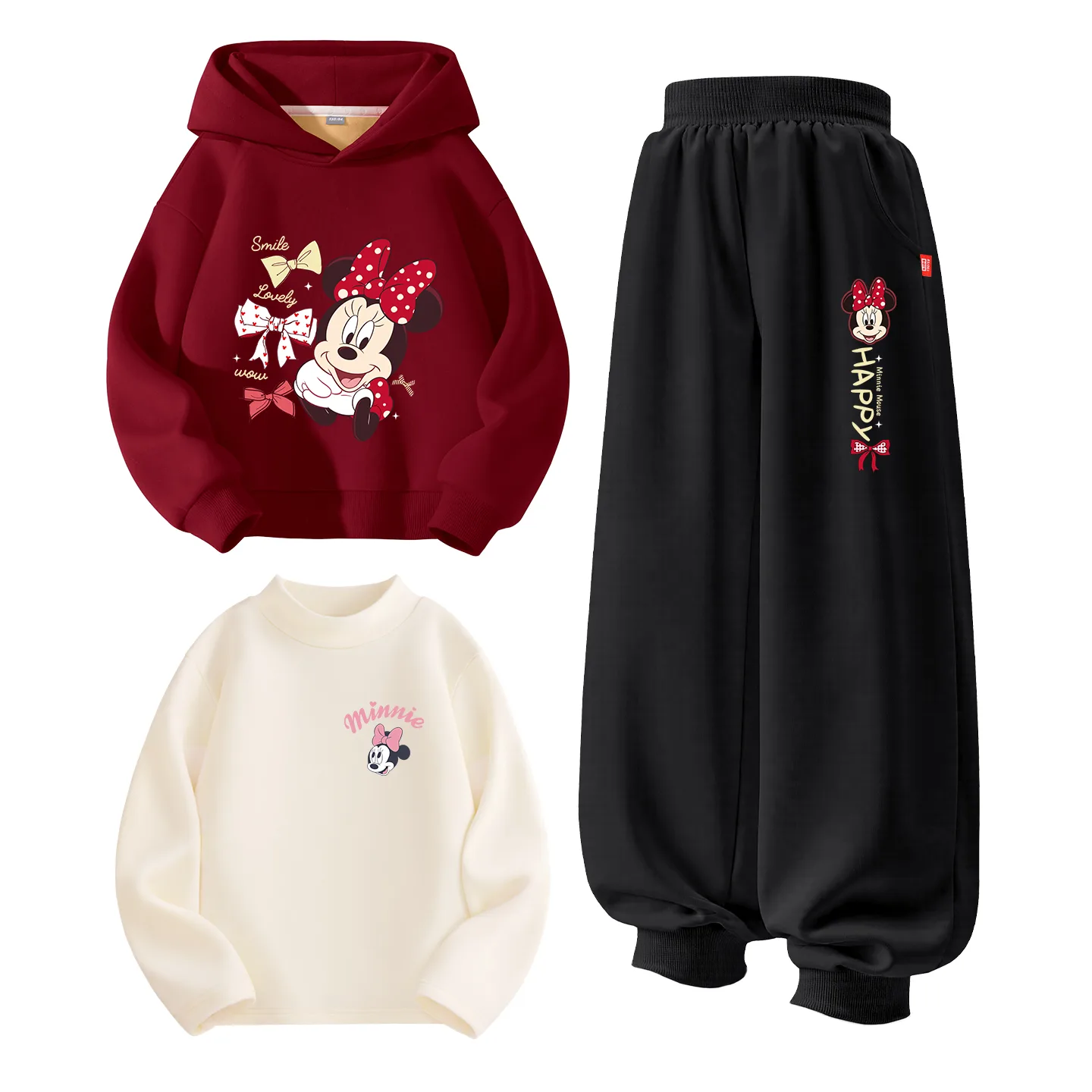 Детский спортивный комплект из 3 предметов Disney, [Thickened and Fleece-Lined Three-Piece Set]Di Guanjie Nini Burgundy+Di Bojie Nini K Black+Gt Di Tianyin K Milk White