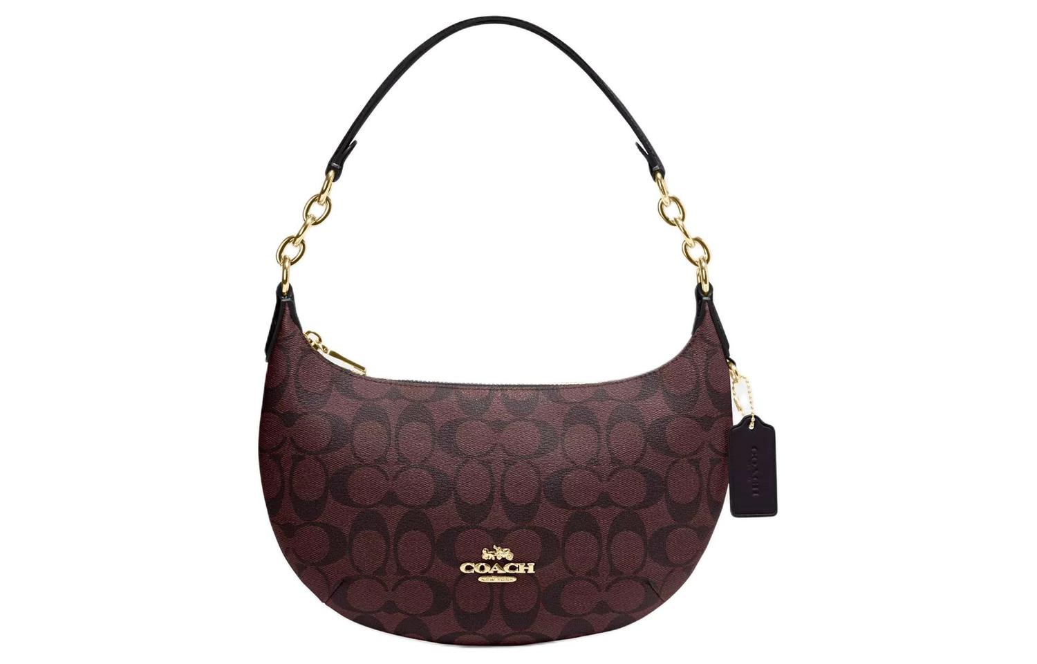 

COACH Сумка-месяц Payton из покрытого холста с гладкой кожей, сумка через плечо, женская сумка через плечо, темно-красная