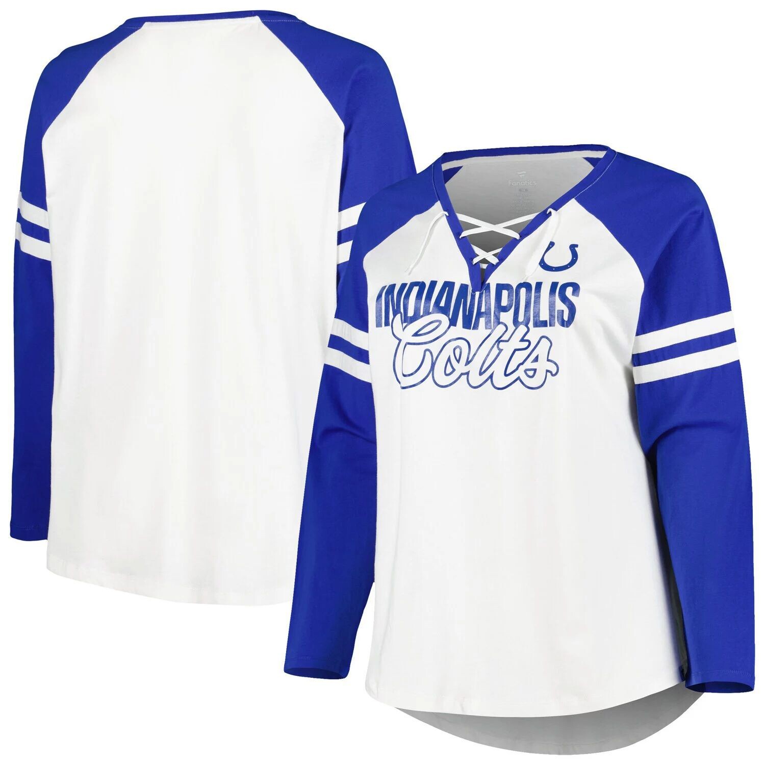 

Женская брендовая футболка Fanatics Royal/White Indianapolis Colts размера плюс, правильная форма, на шнуровке, с v-образным вырезом, реглан, с длинными рукавами Fanatics