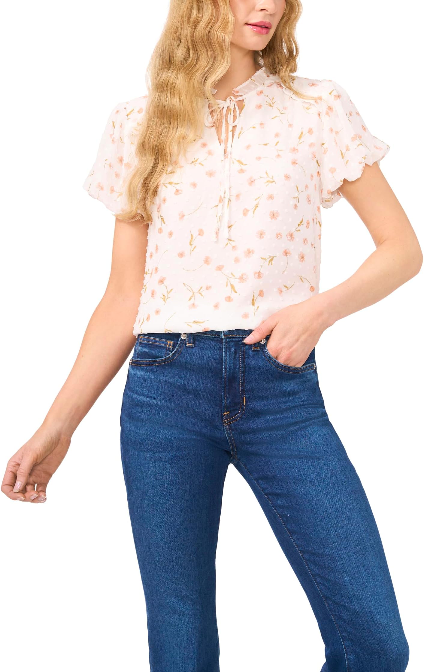 

Блуза CeCe Bubble Sleeve Split Neck Blouse With Tie, цвет New Ivory
