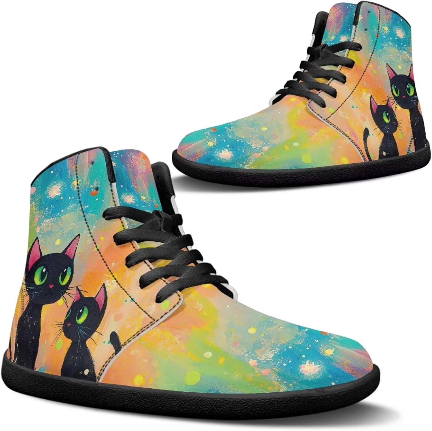 

Мужские модные кроссовки Jeiento, минималистичные обувь с нулевым перепадом подошвы, прогулочные обувь с широкой передней частью, ботинки, обувь с изображением кошек и животных, Rainbow Splash Black Cat