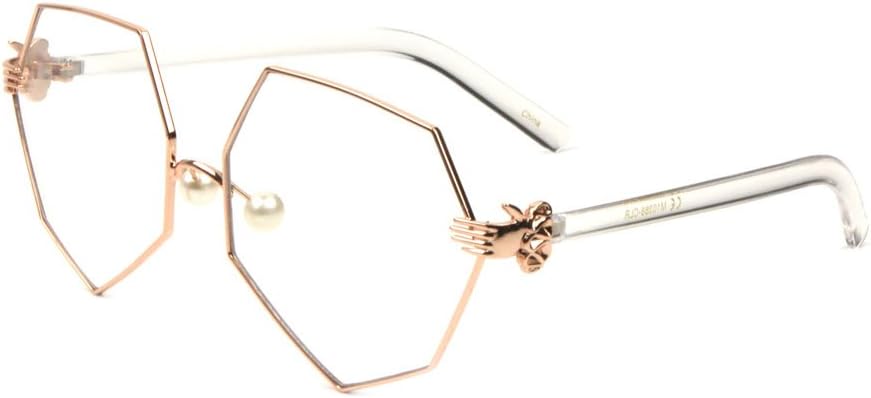 

Геометрические солнцезащитные очки увеличенного размера с прозрачными линзами, перламутровыми носовыми упорами и 3D-шарниром в виде клоунской руки/перчатки Dweebzilla, Rose Gold & Clear Frame