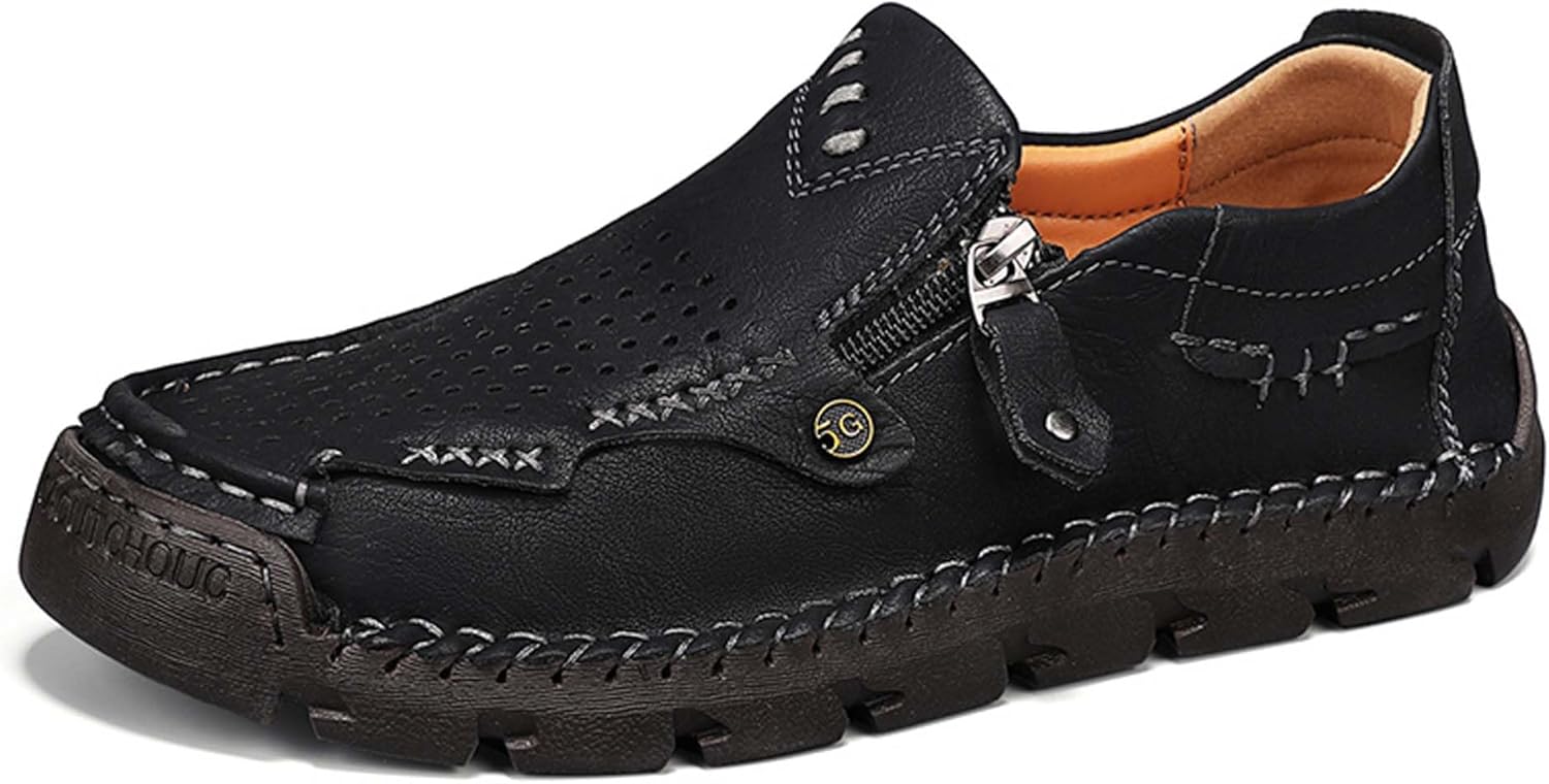 

Мужские кожаные повседневные кроссовки, молния, перфорированный верх, комфортные, мягкие, дышащие, ручная прошивка подошвы, прочные, стильные, для повседневной носки, отдыха и досуга, легкая физическая активность Vtiao, черный