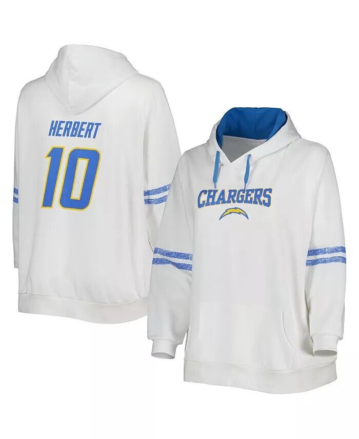 

Женская толстовка с капюшоном Justin Herbert белого и пудрово-синего цвета Los Angeles Chargers размера плюс с именем и номером Profile