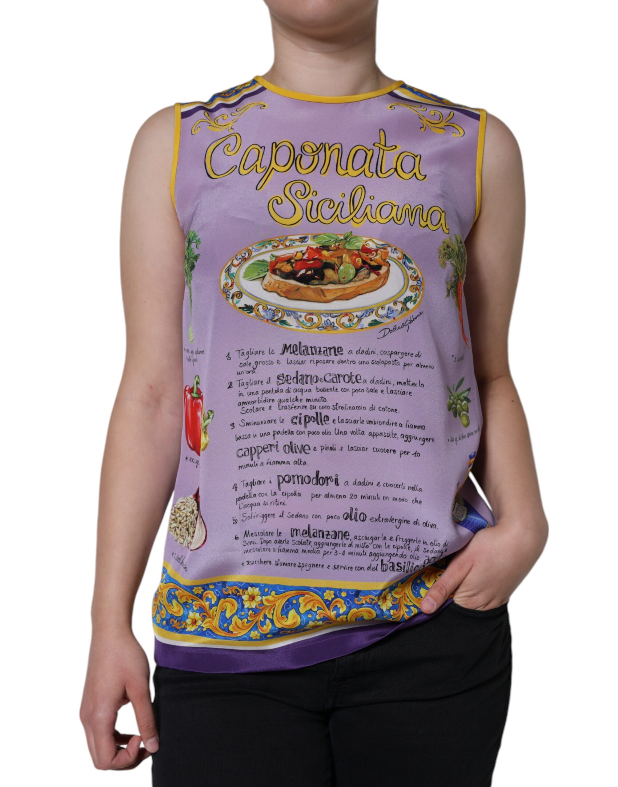 

Фиолетовый шелковый топ с принтом Caponata Siciliana Dolce & Gabbana