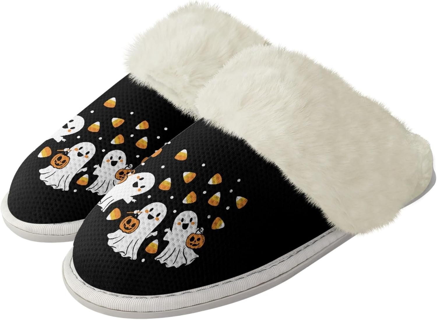 

Домашние тапочки Micoklinlin для мужчин и женщин, с мягкой плюшевой подкладкой, теплые и удобные, с искусственным меховым воротником, противоскользящие, Cute Ghost
