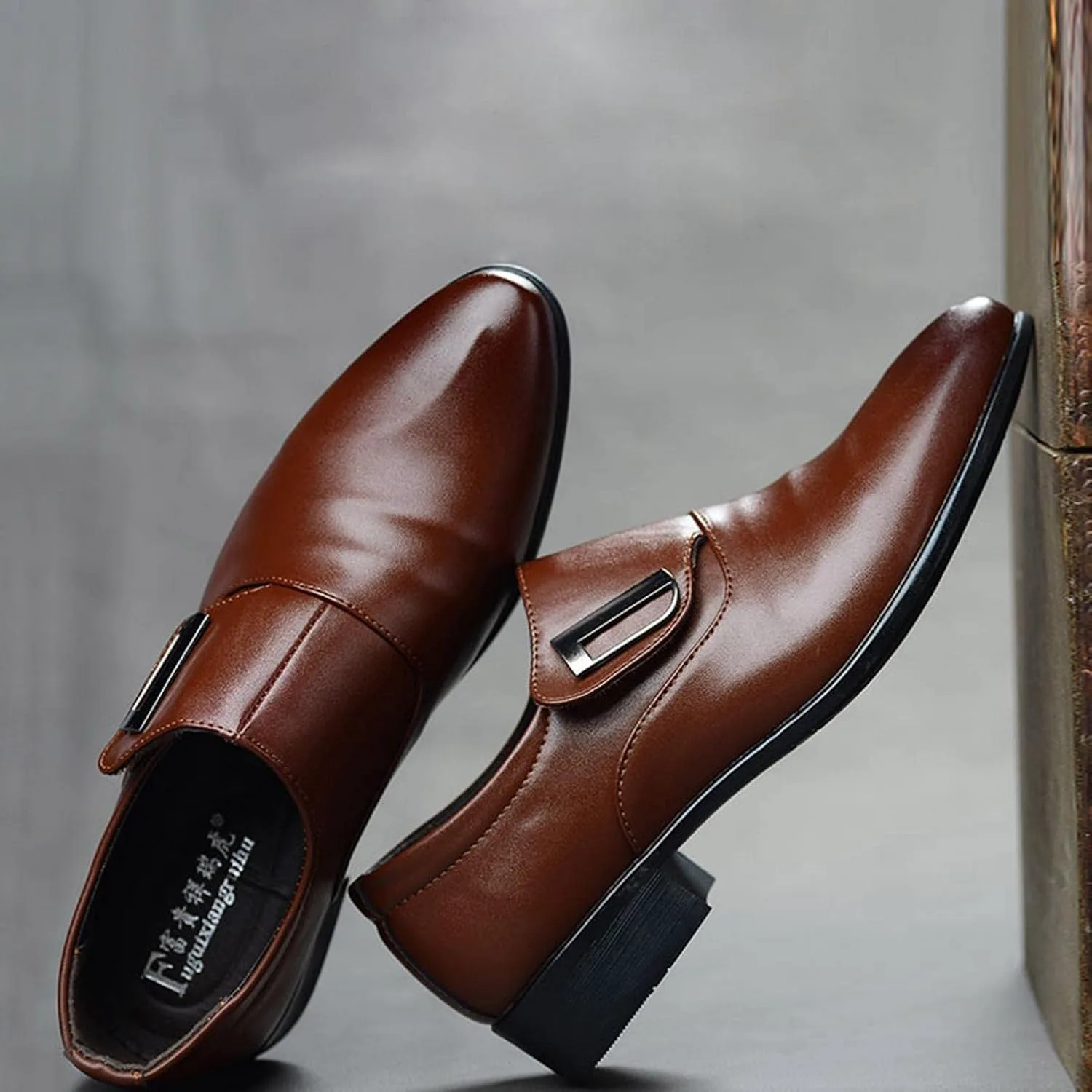 Мужские туфли Hbeylia Dressy Oxford, модные повседневные, простой стиль, кожаные, с заостренным носком, ботильоны до щиколотки, на подкладке, с пряжкой, формальные, для офиса, зимние и осенние, с крыльями, для свадеб и работы, коричневый — фото 3