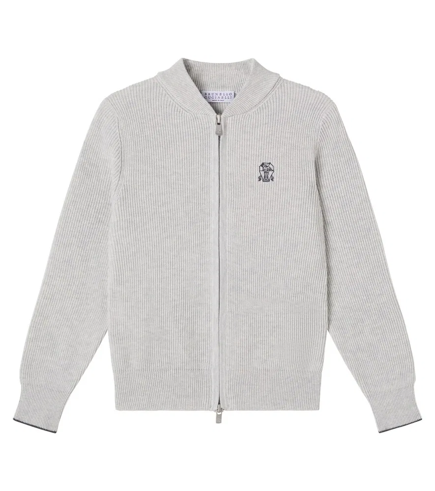 Хлопковый кардиган в рубчик на молнии Brunello Cucinelli Kids, серый