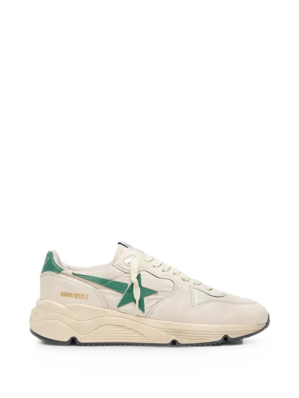 Кроссовки Running Sole из кожи и нейлона кремового цвета со звездами из зеленой кожи Golden Goose, белый