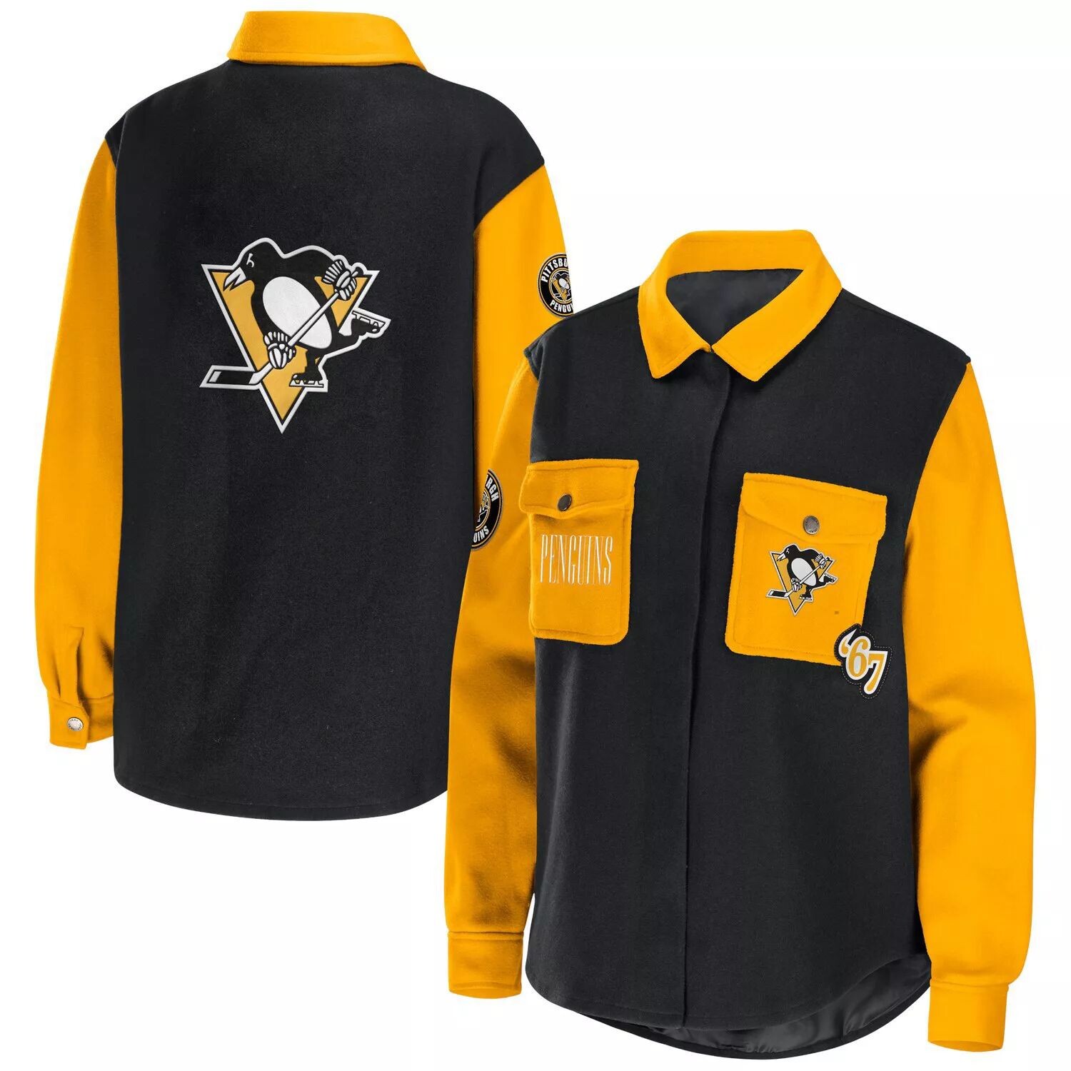 

Женская одежда Erin Andrews, черная/золотая куртка-рубашка на пуговицах Pittsburgh Penguins с цветными блоками, Черный, Женская одежда Erin Andrews, черная/золотая куртка-рубашка на пуговицах Pittsburgh Penguins с цветными блоками