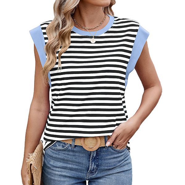 

Женская повседневная футболка с коротким рукавом в полоску и цветными блоками, классический круглый вырез, свободный крой Joyjoy, Black White, Белый, Женская повседневная футболка с коротким рукавом в полоску и цветными блоками, классический круглый вырез