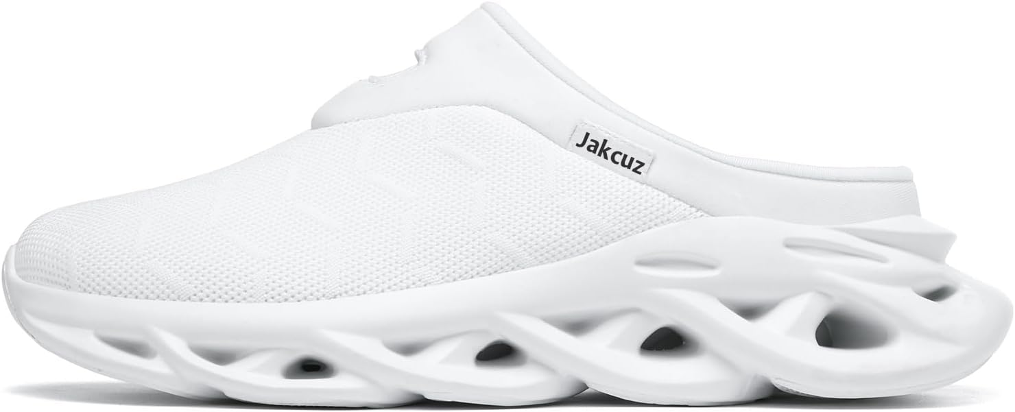 Jakcuz Men Slip On Mules Легкие кроссовки с открытой пяткой Дышащие прогулочные туфли, белый — фото 3