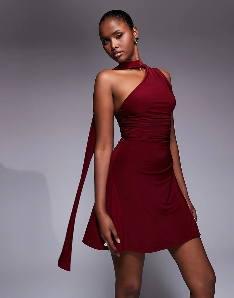 

Эксклюзивное двухслойное облегающее мини-платье Kaiia с шарфом на одно плечо в бордовом цвете