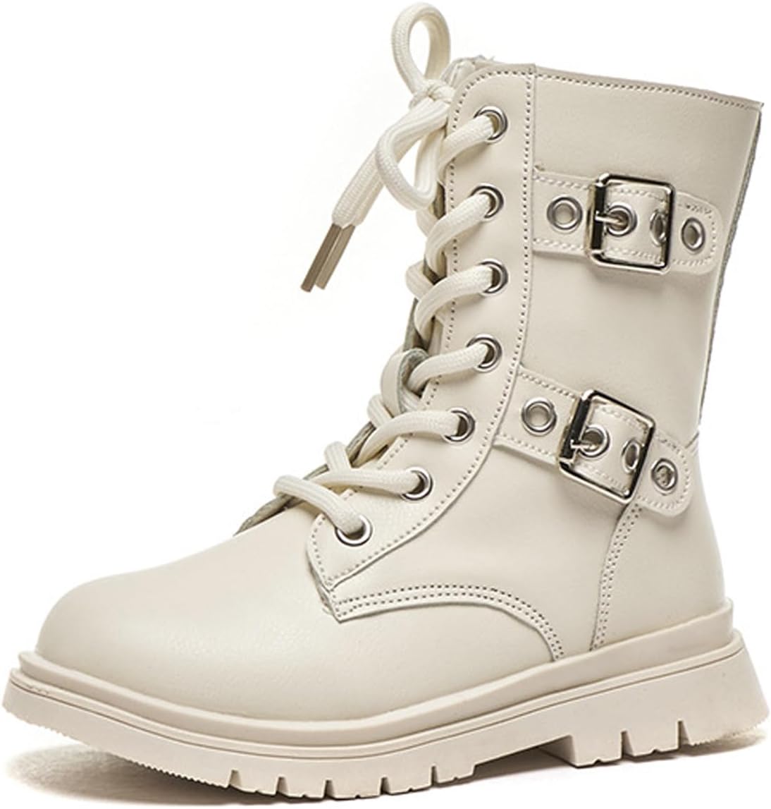 

Детские/подростковые кожаные ботильоны на шнуровке с боковой молнией, модные ремешки с пряжками, удобный круглый носок, низкий каблук, нескользящая подошва, мотоциклетный стиль NHBEOEN, White