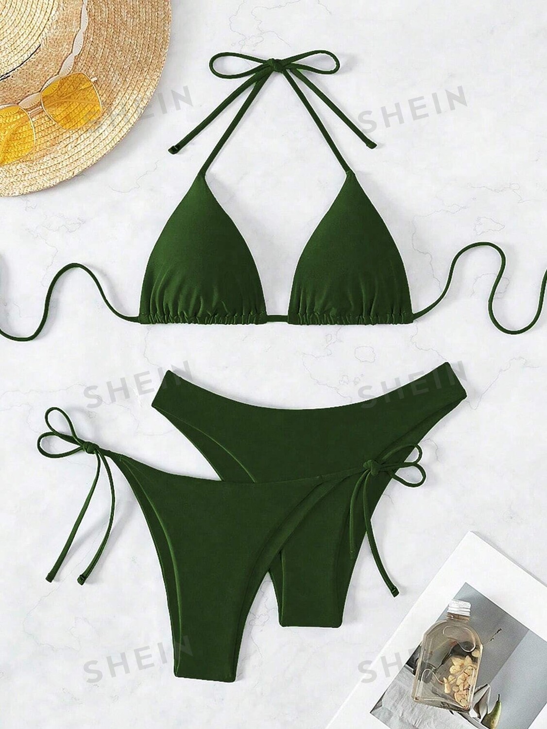 

Купальник женский Shein Swim Basics с лямкой на шее и бретельками, зеленый