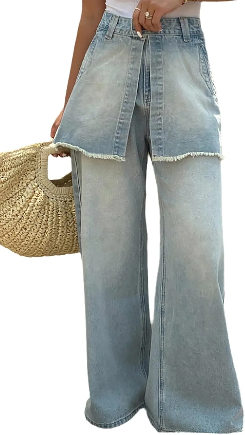 

Женские джинсы-юбка с прямыми штанинами и потертостями High Waist YADMISU