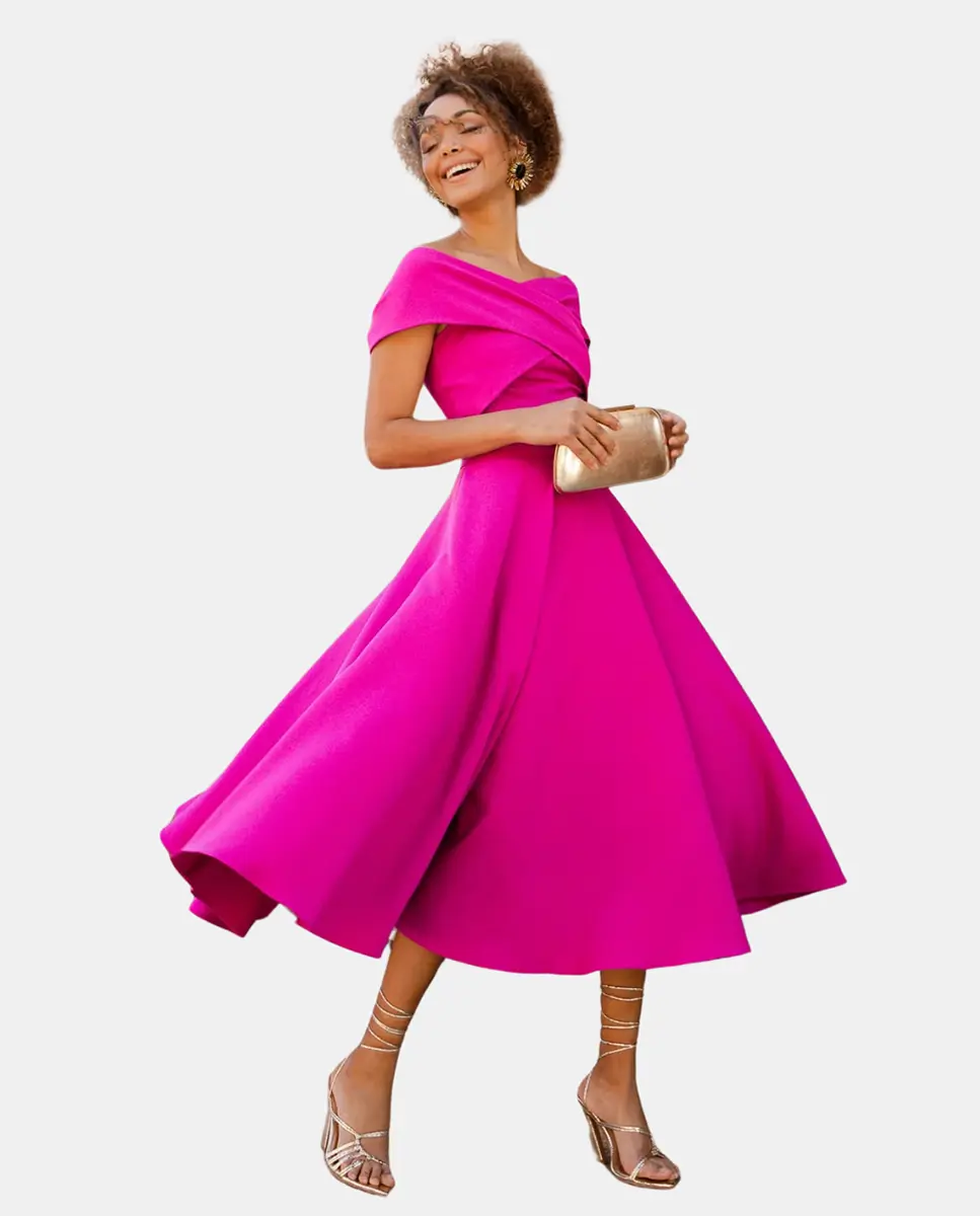 

Миди-платье из крепа с воланами Miphai, фуксия