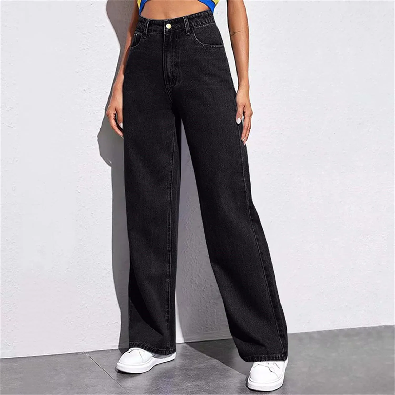 Джинсы прямые свободные Women's Wide Leg Jeans High Waisted Stretchy Straight Leg Trousers Trendy Seamed Front Loose Denim Pants, Black — фото 2