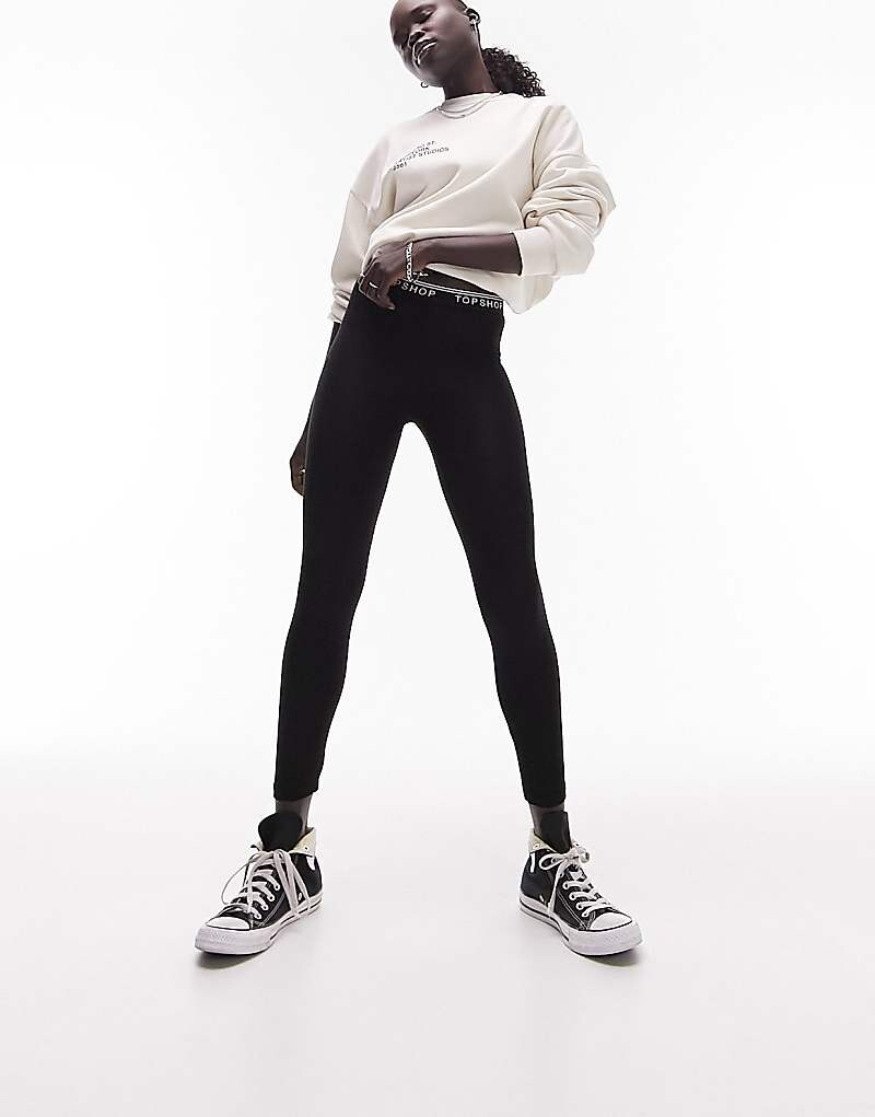 

Topshop Petite — черные леггинсы с резинкой с логотипом