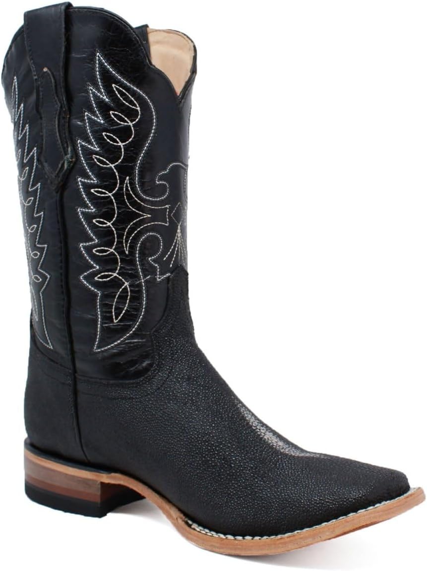 

Мужские ковбойские ботинки вестерн с квадратным носком из натуральной кожи ската с однотонным рисунком, черные Generic