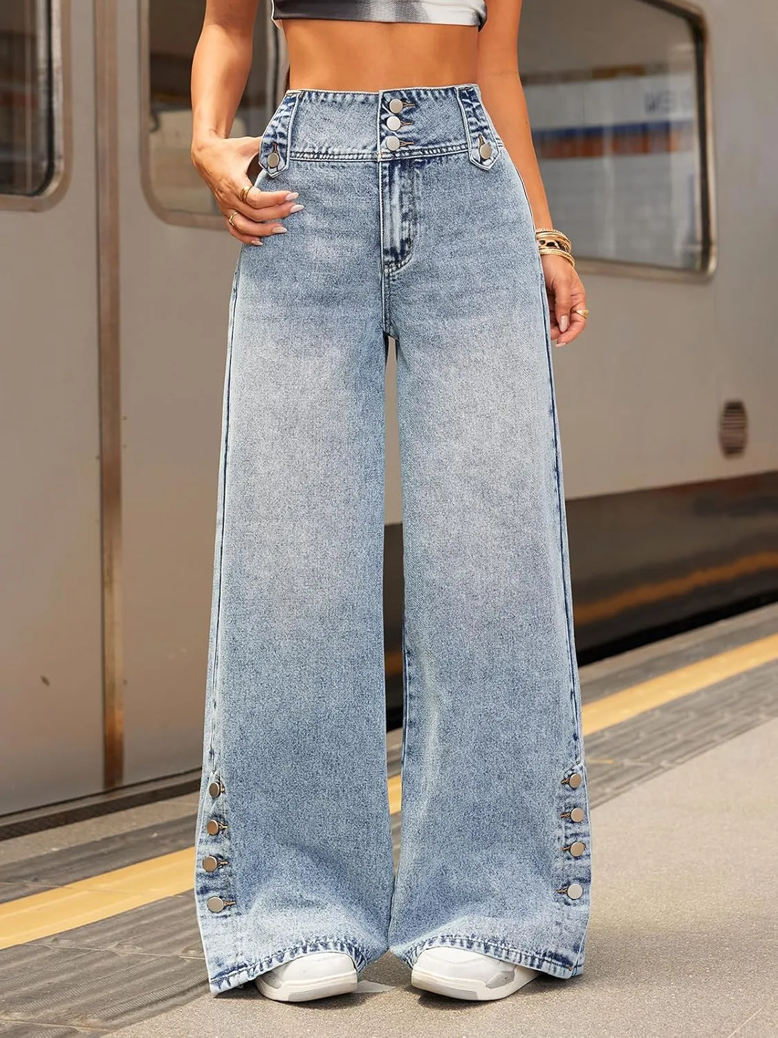 Женские джинсы Baggy Wide Leg High Waisted с застежкой на пуговицах и разрезом по низу — фото 2