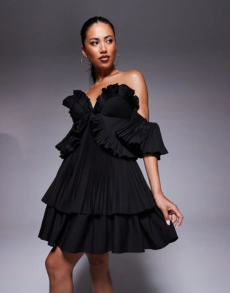 

Платье-бандо мини-кроя из хлопкового поплина ASOS LUXE с плиссировкой, черное