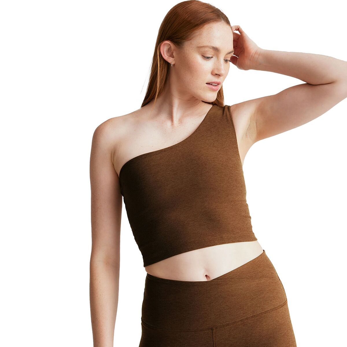 

Облегающий укороченный топ с акцентированными плечами Spacedye the bold Beyond Yoga, цвет bold mocha heather