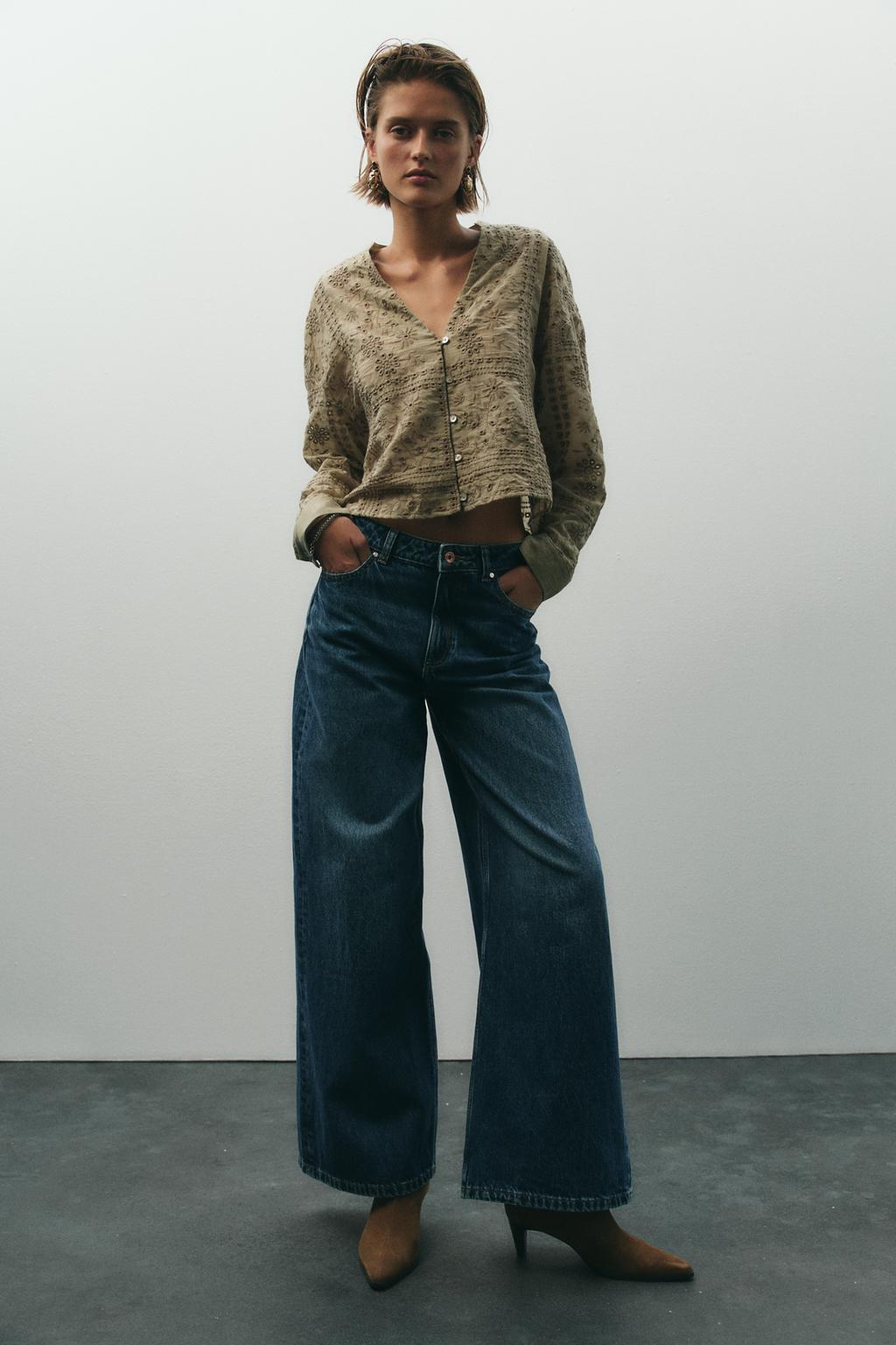 

Рубашка с ажурной вышивкой ZARA, цвет Light khaki