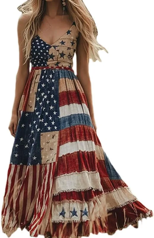 Женское платье с принтом в стиле Vintage Independence Day и американским флагом Generic, синий