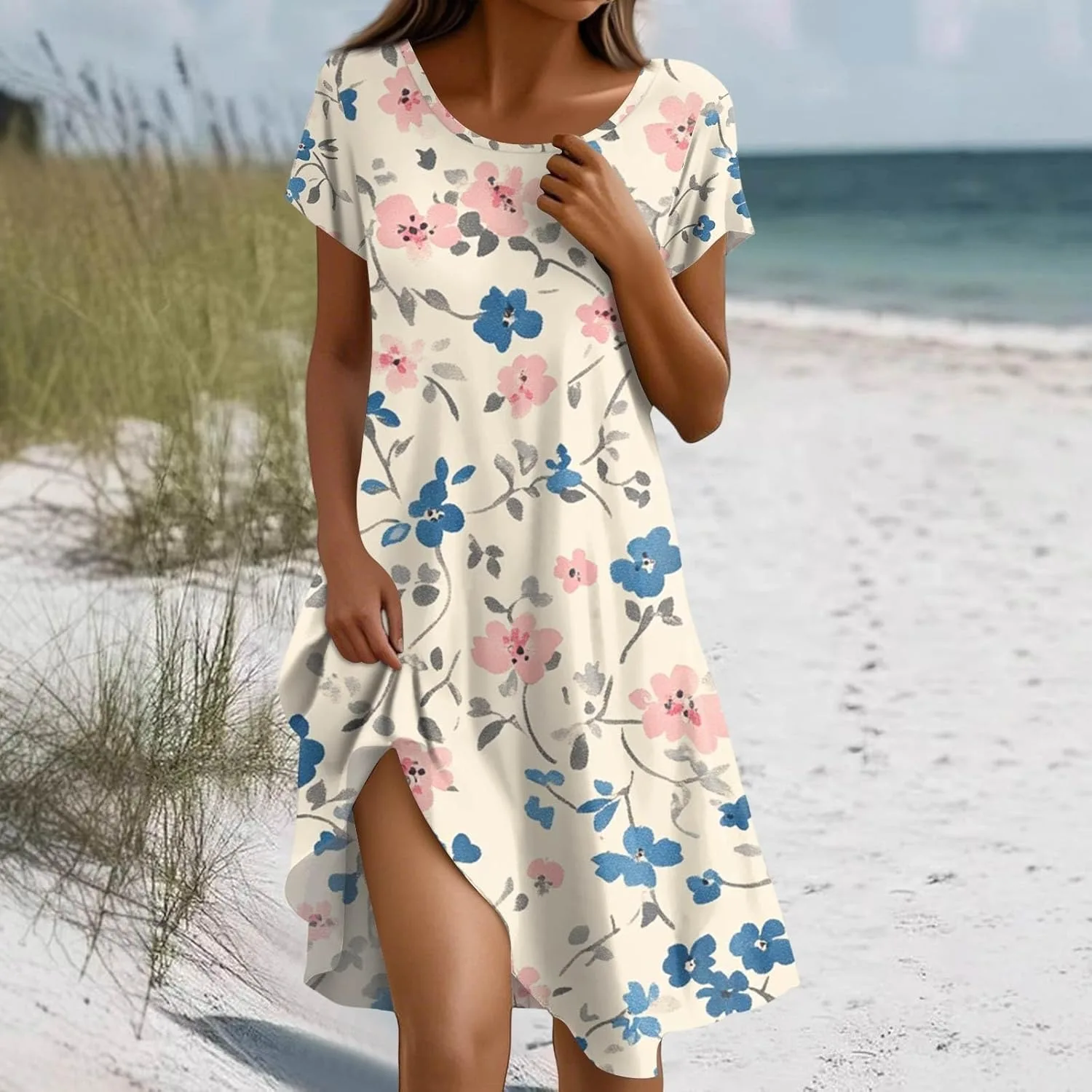 Женское летнее платье 2026 Beach Flower Boho с коротким рукавом, свободное повседневное платье-футболка с круглым вырезом и карманами Generic, желтый — фото 2