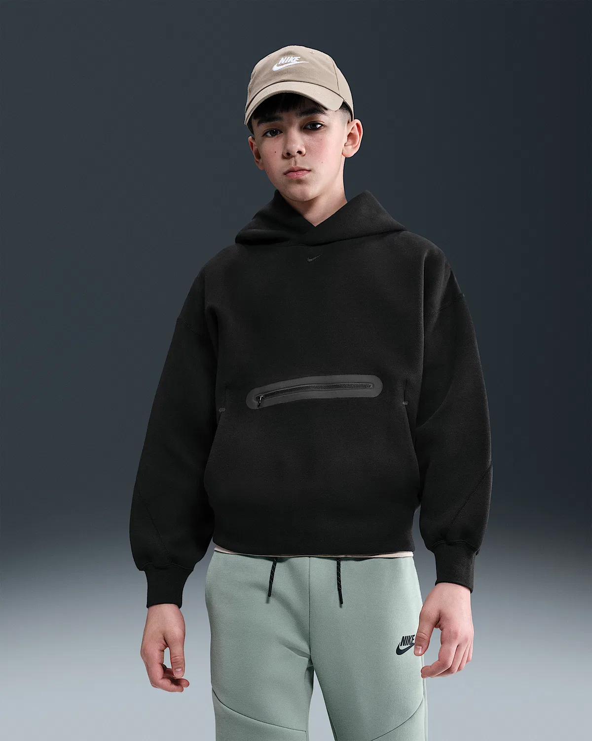 Детская (мальчиковая) оверсайз худи Nike Sportswear Tech Fleece, Black/Black