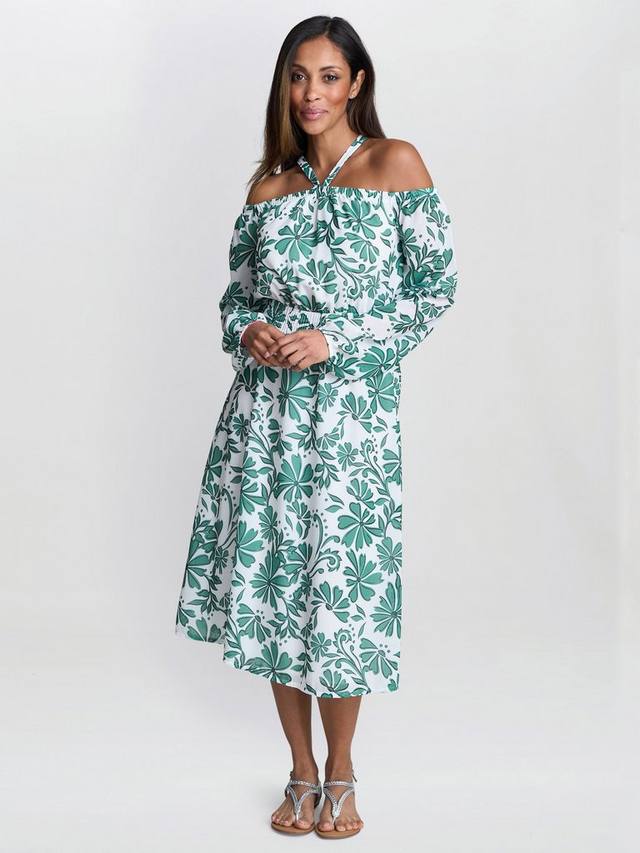 

Платье миди Ryan с длинными рукавами и открытыми плечами Gina Bacconi, Green/White