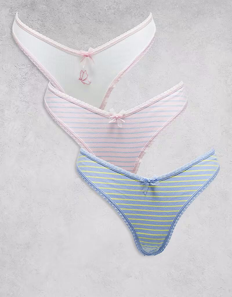 

ASOS DESIGN, 3 пары высоких стрингов с отделкой из кружева в форме сердца, в полоску и с вышивкой